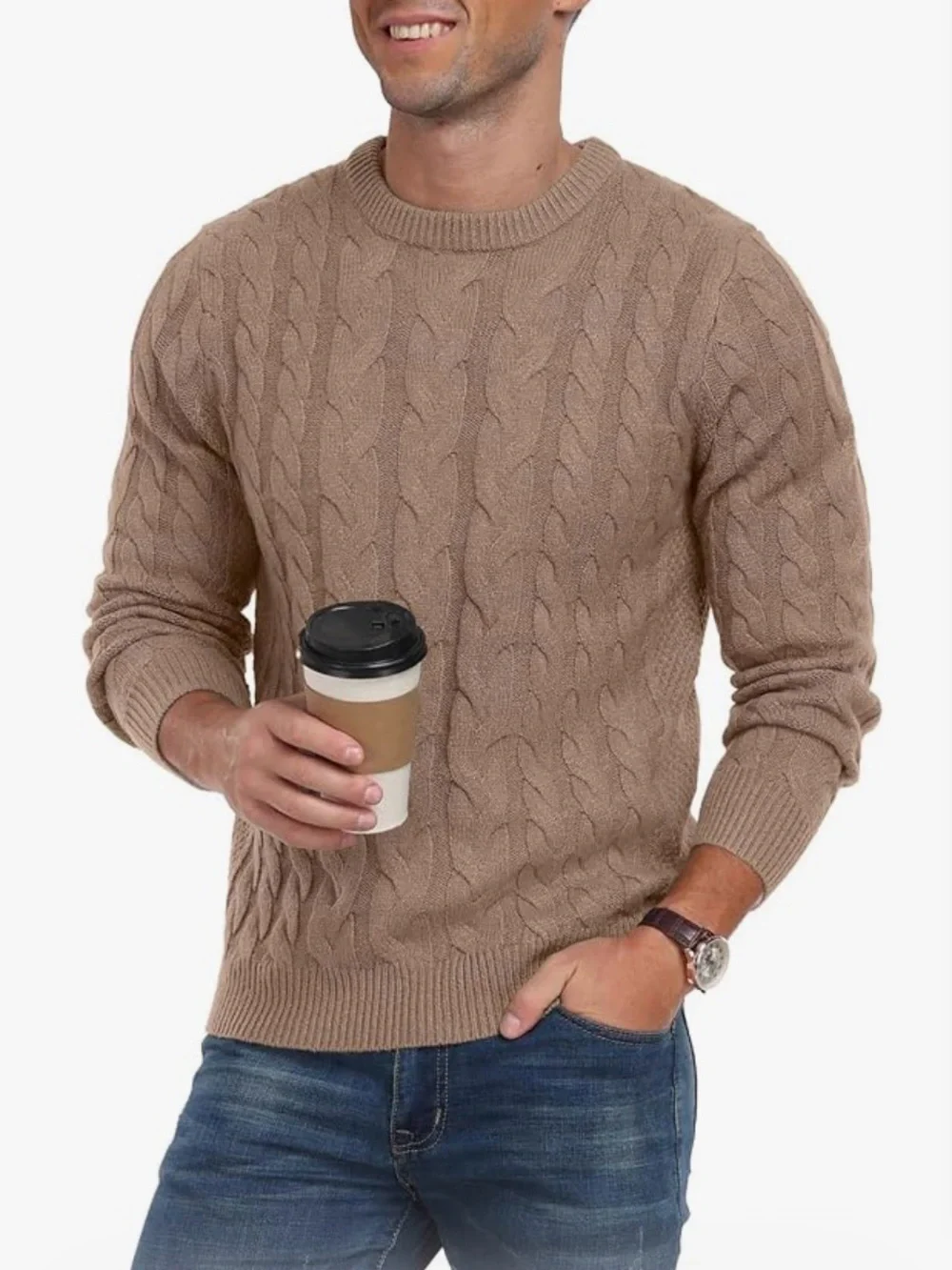 Men's Cable Knit Crewneck Sweater in Khaki